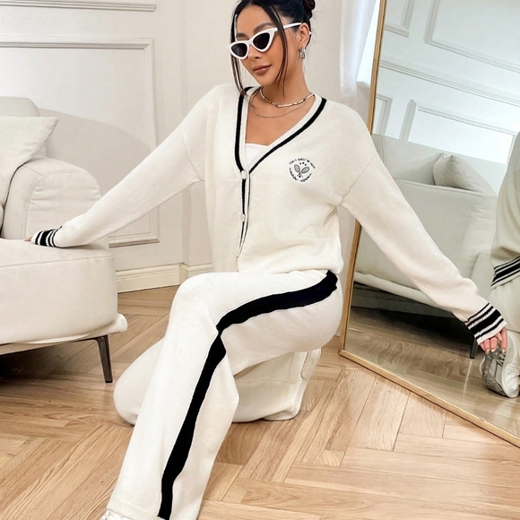 Letter Pattern Striped Trim Drop Shoulder Cardigan & Knit Pants - Picture 2 of 6